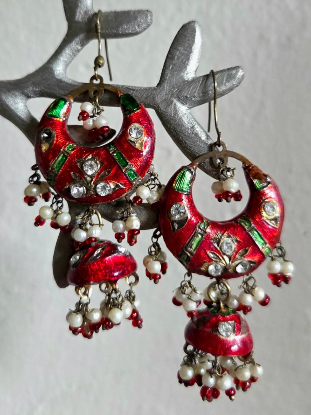 Vintage Handmade Lakh Dangling Earrings India Double Sided Green & Red View 6